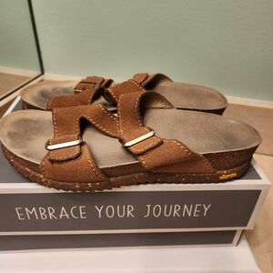 Brown Suede Sandals with Gold Accents